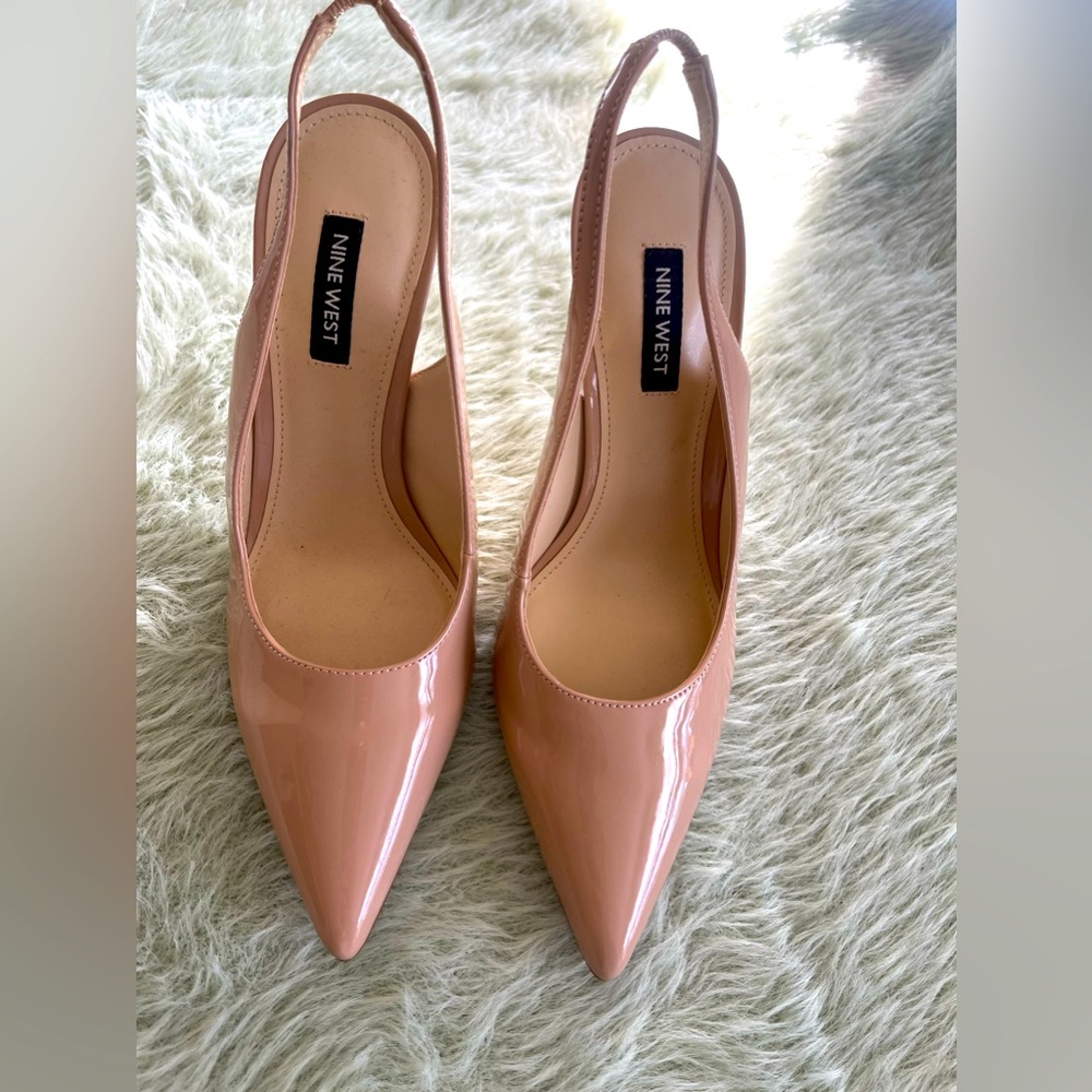 Nine West patent slingback in tan.